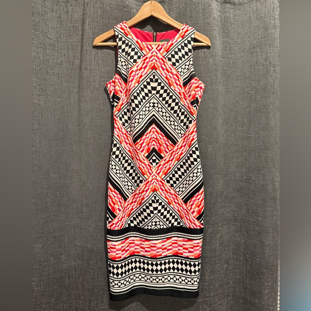 Vince Camuto Black, White, and Pink Geometric Midi Dress